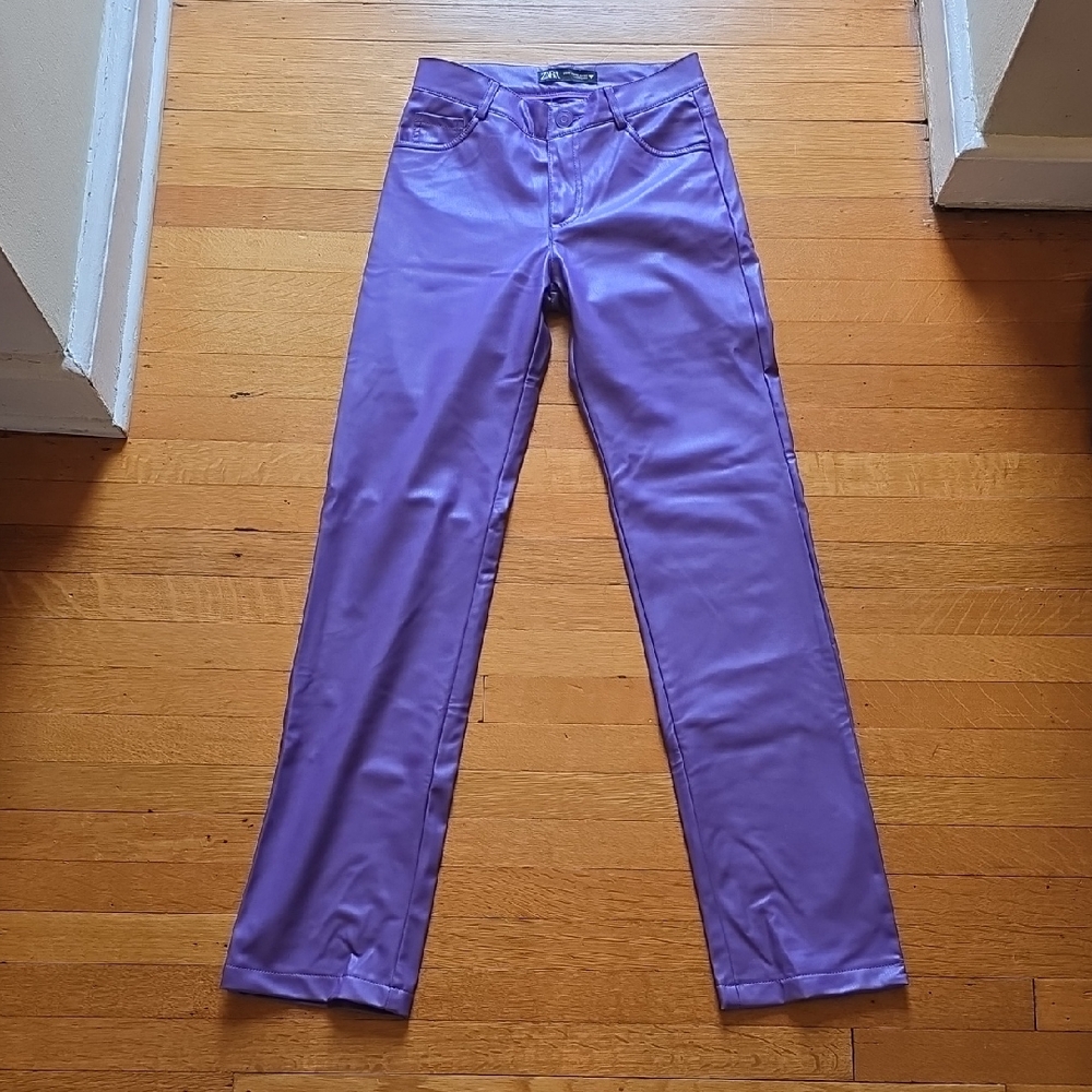 ZARA, Faux Leather, Straight Leg Pants, Vibrant Purple, EUC, Women's XS